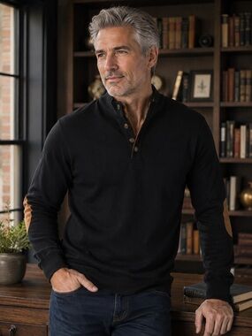 Men's Black Henley Pullover with Tan Elbow Patches